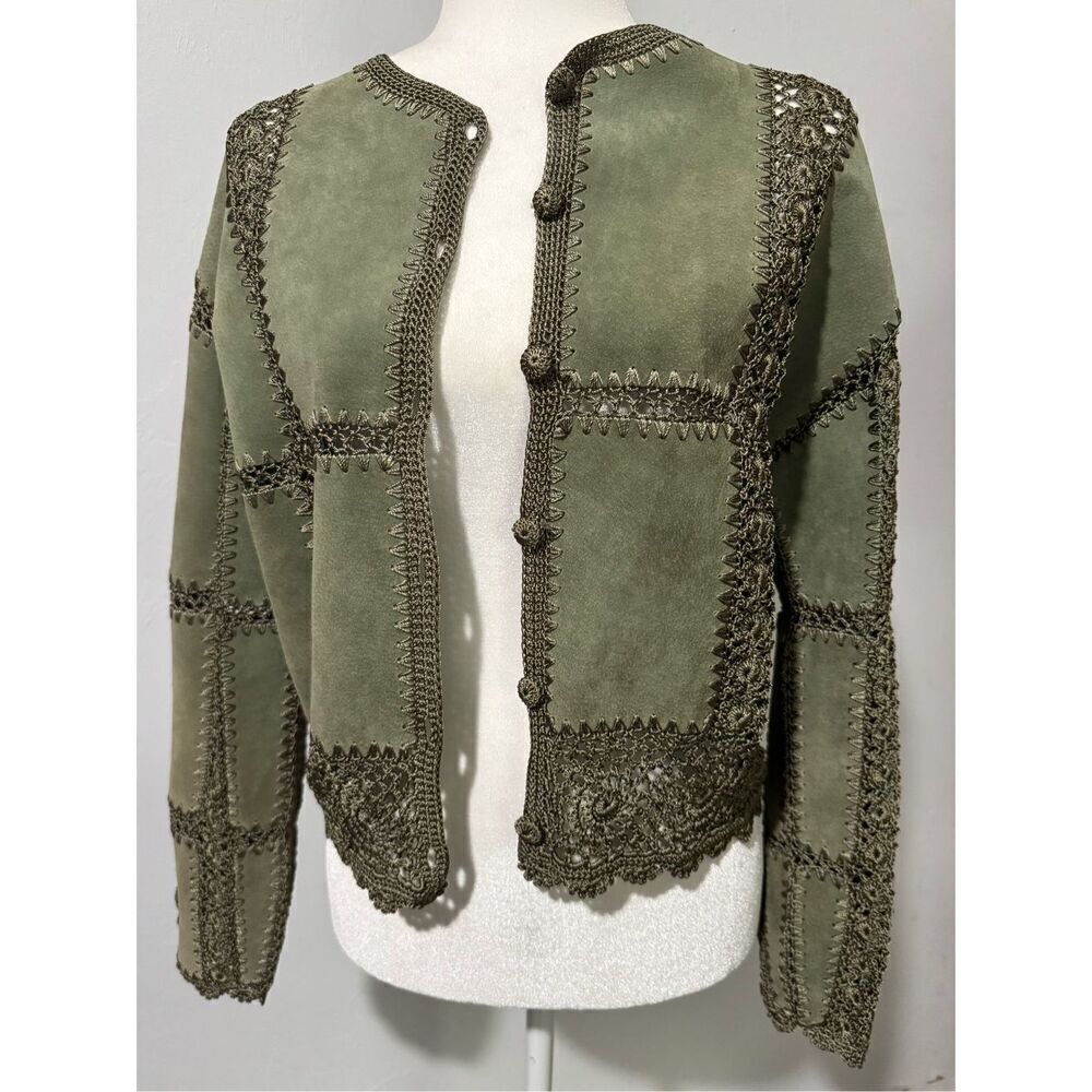 Scully since 1906 green crochet leather suede jacket western 8